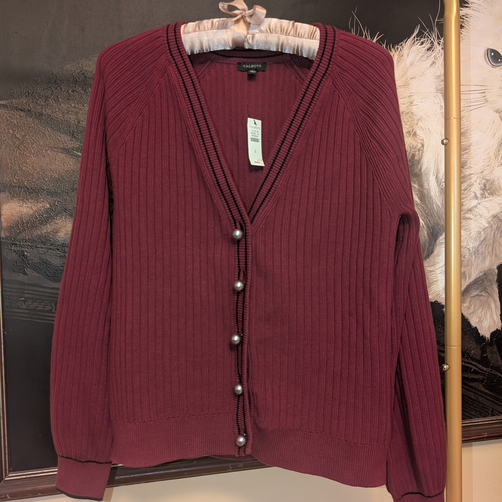 Talbots NWT Burgundy Ribbed Knit Sweater Ivy League Collegiate Cardigan